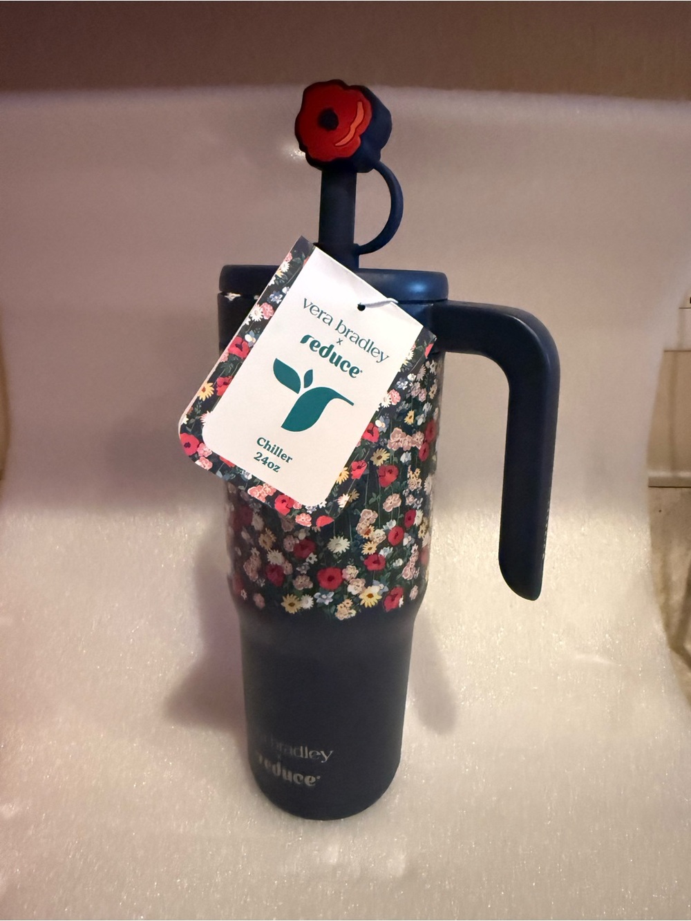 Vera Bradley Navy Floral Insulated Chiller Tumbler with Red Flower Charm